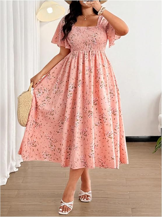 MEROKEETY Women's Floral Boho Midi Dress – Square Neck Sleeveless Smocked Ruffle Beach Wedding Guest Dress